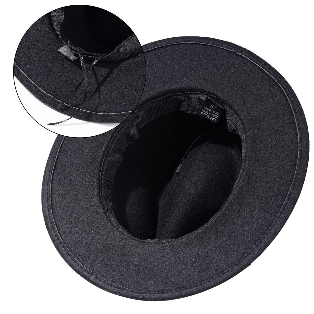 9124 Fedora Hat Wide Brim Fedora Retro Black Floppy Wool Felt Hat with Belt - Picture 4 of 7